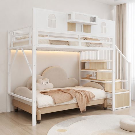 Cama alta metálica 90 x 200 cm con escalera de almacenaje y LED blanco OKMYHOME (1/5)