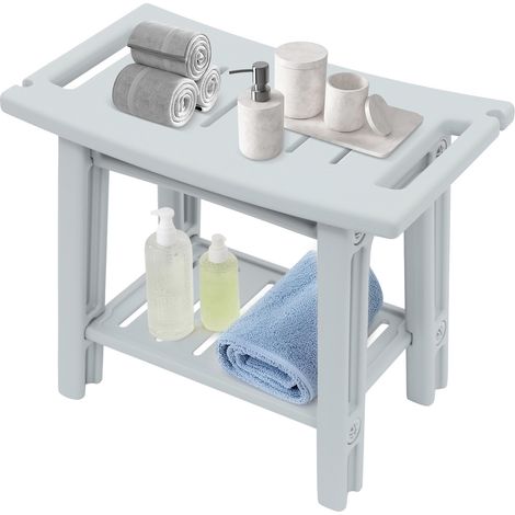 Tabouret de salle de bain, banc de douche avec étagère, siège de douche supportant jusqu'à 70 kg, banc imperméable pour la maison et la salle de bain, 56 x 32 x 46 cm, gris (1/5)