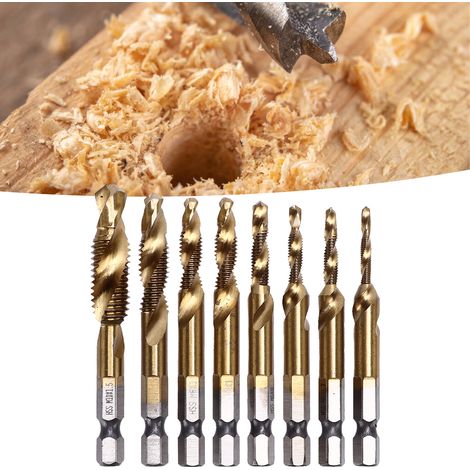 Jeu de 8 tarauds composites spiraux à tige hexagonale de 1/4 pouce, plaqués titane, pour le perçage, le taraudage et le chanfreinage. (1/5)