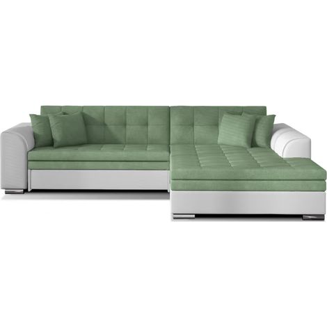 Canapé d'angle convertible tissu et simili LOOKA - Pieds métal chromé angle droit-Blanc/Vert clair-angle droit (1/5)