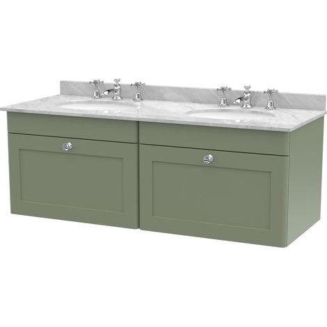 Swynnerton Traditional 2 Drawer Wall Hung Vanity Unit with Double Marble Basin, Satin Green, 1200mm