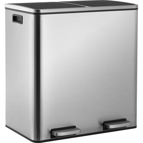 LIFERUN Mülleimer 2 Fächer, 60L (2x 30 Liter) Mülltrennsystem Küche, Sanft Schließender Treteimer aus Metall, Großer Abfalleimer Mit Deckel, Mülltrennung, Kunststoff Inneneimer, Rechteckiger