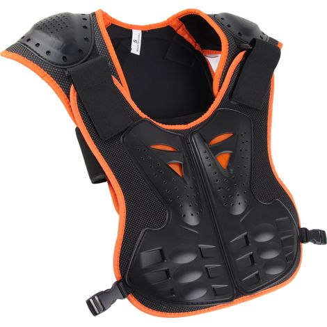 Protège-poitrine et dos enfant pour vélo, patinage, gilet réfléchissant ajustable orange et noir. (1/5)