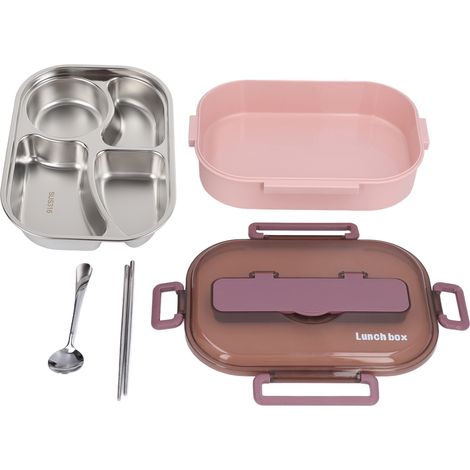 Boîte-repas isotherme 4 compartiments acier inox - Idéale bureau, école, enfants - Modèle rose et violet (1/5)