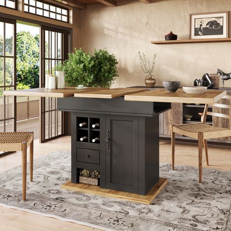 Table à manger extensible pour 4-6 personnes 110/140×80cm avec rangement, MDF, noir, 1 porte et 1 tiroir - Cuisine/Salle à manger (1/5)