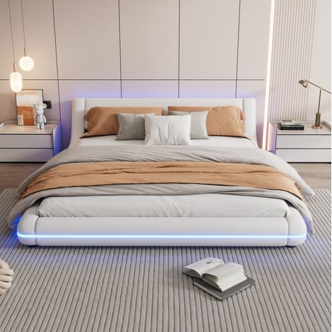 Bett mit LED-Beleuchtung 160x200 PU MDF Weiß OKMYHOME (1/5)