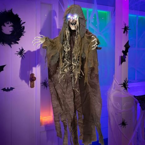 Décoration de la sorcière suspendue d'Halloween 160cm grandeur vie sorcière suspendue avec activation sonore, yeux lumineux et son effrayant pour Halloween haunted House (1/5)