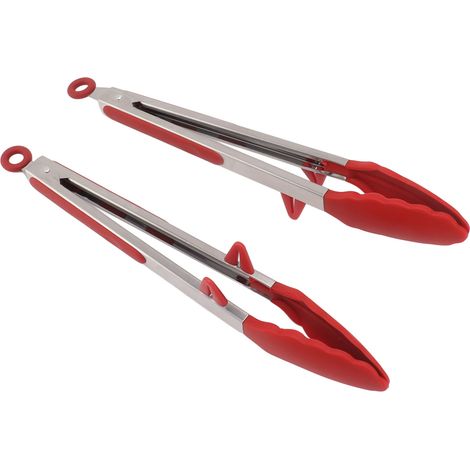 Lot de 2 pinces cuisine 30 cm bouts silicone acier inoxydable longues avec verrou pour grill barbecue rouges (1/5)