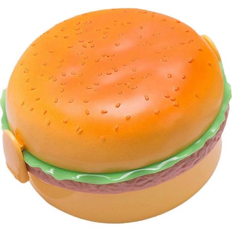 Boîte à lunch hamburger dessin animé, boîte bento à 3 compartiments avec fourchette et cuillère, idéale pour les enfants et les adultes. (1/5)