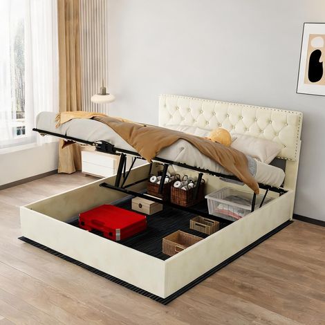 Tête de lit beige en tissu métal 200 x 160 x 156 cm (1/5)