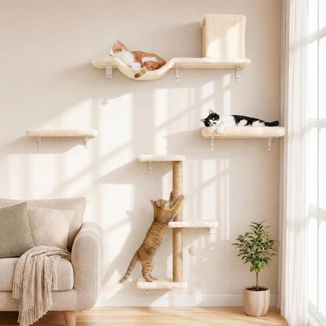 Étagères Murales pour Chat, 4 en 1 Ensemble de Meubles Muraux, Mur d'escalade en Bois avec Griffoir, Pont et Lit pour Chat, Beige (1/5)