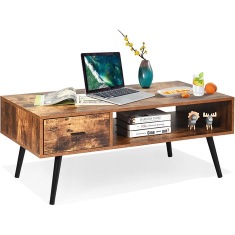 GOPLUS Table Basse de Salon Carree avec Tiroir,Pieds en Bois Massif,Table d’Appoint a Cafe pour Cuisine Chambre Salon, Style Vintage Industriel,109,1x55,1x44,4cm (1/5)