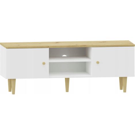 Mesa para TV RANGE 120 2DO, c贸moda artesanal blanca con estantes y paneles para TV.