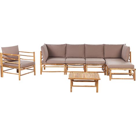 Conjunto modular de jardín de 7 piezas con un sofá de 5 plazas, sillón y mesa de centro de bambú natural cojines gris pardo Cerreto (1/5)