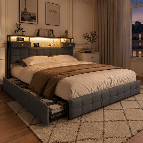Cama de matrimonio 160x200 cm con 4 cajones, cabecero con luces LED regulables y estantes de almacenaje, tapizada en terciopelo moderno, gris (1/5)