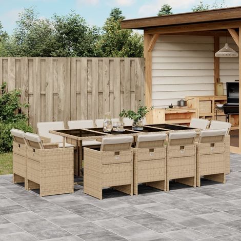Vidaxl – Ensemble table et chaise de jardin 13 pcs – Résine tressée beige – Coussins épais amovibles – Dessus en verre trempé