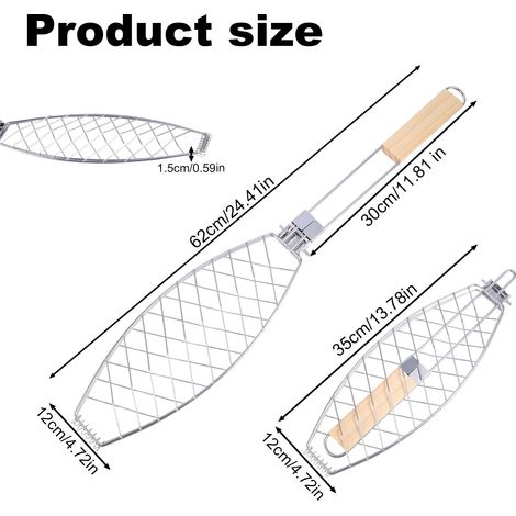 Panier à poisson pour grillade, panier pliable en fer avec poignée en bois, grille antiadhésive, accessoire de cuisine extérieure, adapté à la cuisson de tous types de poissons. (1/4)