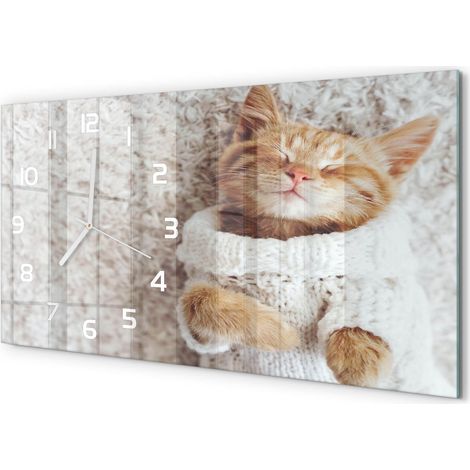 Horloge Murale Déco Maison 60x30 cm Format Panoramique Verre Moderne Chaton en pull (1/5)