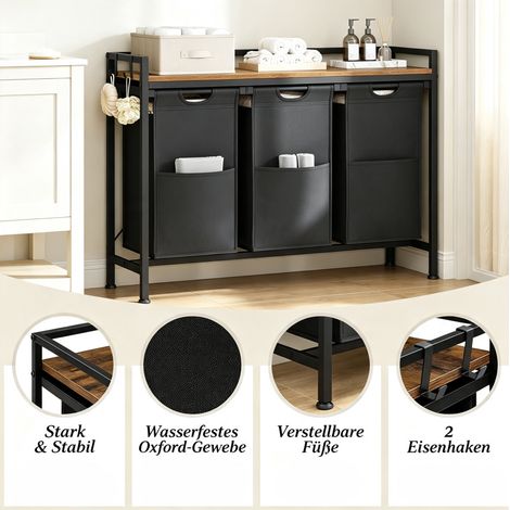 Meuble à linge 96x30x71 cm métal bois noir brun, 3 paniers amovibles gain de place – MEUBLIV (1/5)