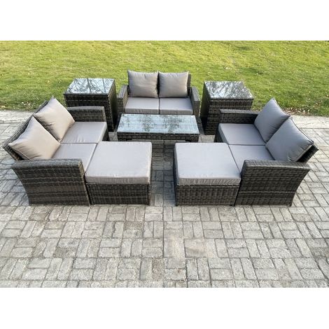 Fimous Lounge Poly Rattan Gartenmöbel Set für den Garten mit Couchtisch Doppelsitz-Sofa 2 Großer Fußhocker 2 Beistelltische Dunkelgrau Gemischt (1/5)