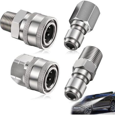 Set di 4 adattatori per idropulitrice ad alta pressione CSPARCV, da maschio a femmina da 1/4 NPT, in acciaio inossidabile, per lancia a spruzzo da 5000 PSI (argento) (1/5)