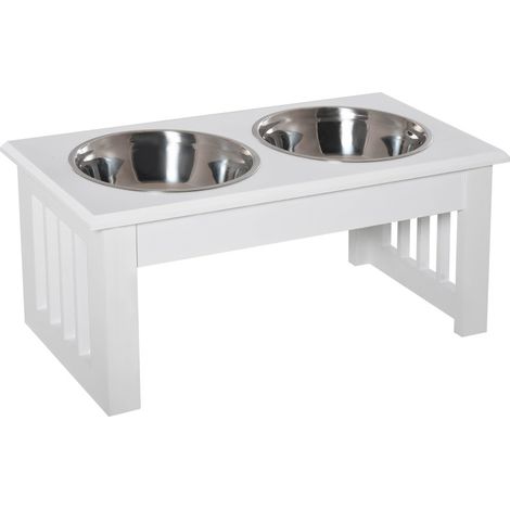 Comedero elevado para perros con 2 cuencos de acero inox., MDF blanco, 44 x 24 x 15 cm (1/4)