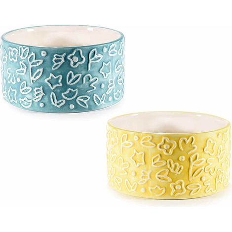 Vasi tondi colorati in ceramica con decorazioni floreali bianche in rilievo, set da 2 pezzi, Ø 16 cm x 8 H
