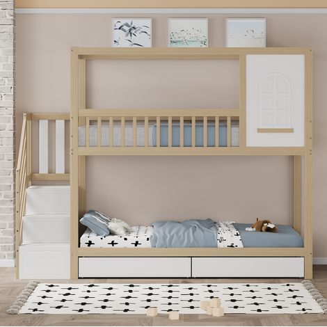 Kinder-Etagenbett 90 x 200 cm mit Stauraum, sicherer Leiter, Natur und Weiß HAVRYA (1/5)