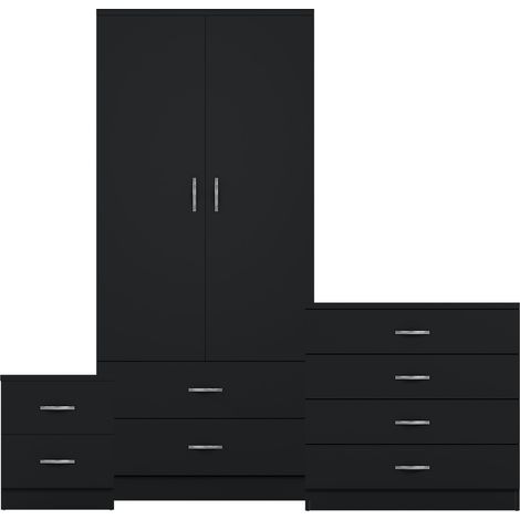 Riano 3 Piece Bedroom Set (2 Drw Bedside Chest, 4 Drw Chest, 2 Dr 2 Drw Wardrobe), Black (1/3)