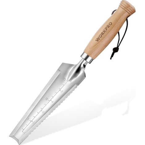 Truelle de Jardin Multifonction Dentelée 32 cm en Acier Inox, Pelle de Jardinage à Main avec Manche en Bois, Outil de Jardinage Polyvalent pour Creuser, Désherber et Mesurer (1/5)