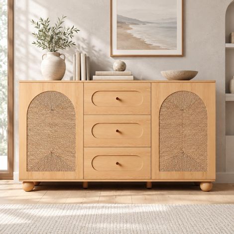 Buffet bas, Enfilade commode de salon et salle à manger, 2 portes en corde tressée et 3 tiroirs en MDF et bois de pin 140x40x80cm, Naturel (1/5)