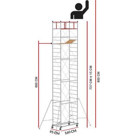 Scedil – Échafaudage M4 LUX 150 – Hauteur de travail 8,50 m – Acier galvanisé électrolytique – Charge maximale 150 kg – Garantie 3 ans