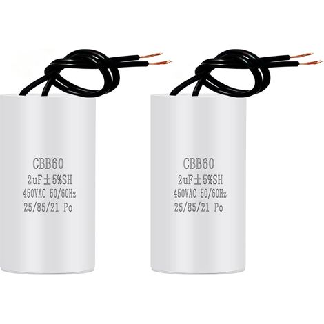 2 Pièces CBB60 2uF 450V 50/60Hz Condensateur Démarrage Moteur 30x55mm, Condensateur Moteur AC, Remplacement Universel pour Pompe Piscine avec Fils (1/5)