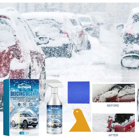 Ice and snow melting device, convenient, gentle, and safe for winter use. Features include: front screen, air intake, window screen, snow protection, and snow prevention. -- 60ml + cloth + scraper