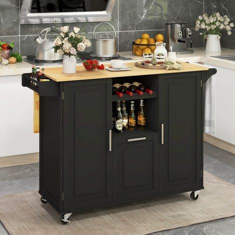 Îlot de cuisine noir en bois avec plateau rabattable, tiroir, porte-bouteilles et roulettes verrouillables pour cuisine et salle à (1/5)