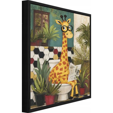 Leinwandbild Wandbild mit schwarzem Rahmen, Giraffe lustig auf Toilette, humorvolle Bad WC Wanddekoration, 40 x 30 cm