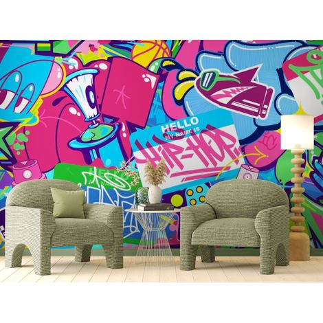 Papier peint graffiti – Fresque street art colorée - 150 x 250 cm (1/2)