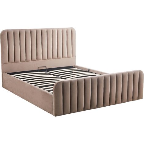 Bestmobilier – Lit coffre 160x200 cm en velours taupe – Tête de lit capitonnée – Sommier à lattes inclus – Coffre de rangement 753L (1/5)