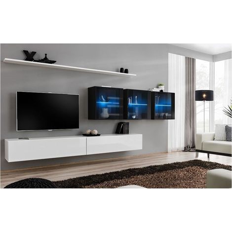 Ensemble meuble TV mural  - Switch XVII - 340 cm x 150 cm  x 40 cm - Blanc et noir - Livraison gratuite