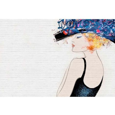 Papier peint panoramique design femme & mur brique Tapisserie panoramique blanche & bleu effet peinture Papier peint panoramique moderne chambre (1/3)