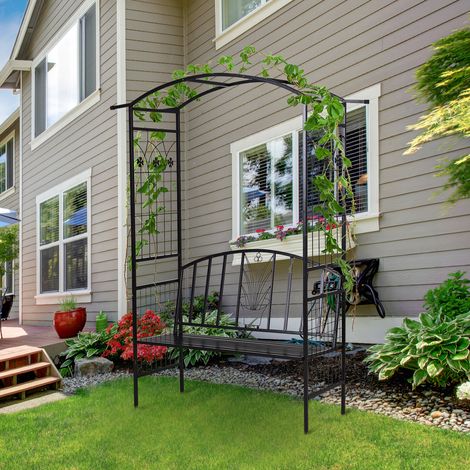 Outsunny Pflanzbogen mit Bank Sitzbank Torbogen Rankgitter Rankhilfe Garten Bogendach Metall Schwarz 154 x 60 x 205 cm