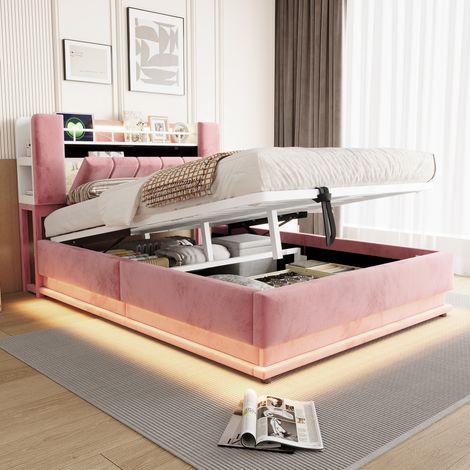 Letto contenitore 140x200 cm in velluto rosa con LED, USB e rete a doghe - CHICFURN (1/5)