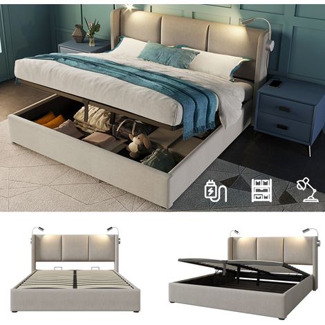 Lit coffre 160x200 cm avec liseuse et USB, sommier à lattes, rangement hydraulique, tête de lit en lin beige, sans matelas (1/5)