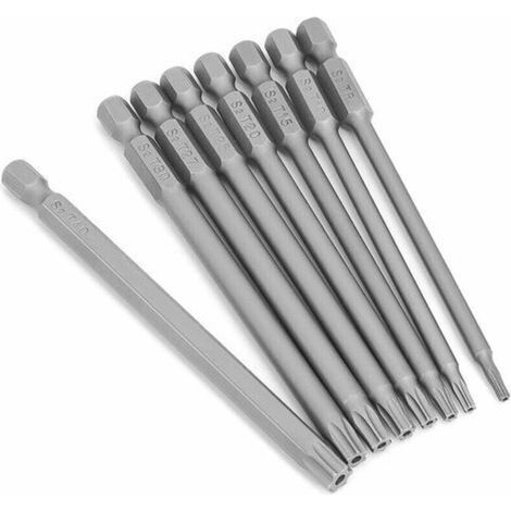 Set mit 8 langen 1/4" magnetischen Sternkopf-Torx-Schraubendreherbits - 100 mm lang - 6-Punkt - Torx-Elektrowerkzeugset (8 Stück à 100 mm)