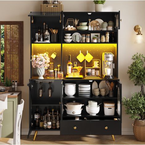 Credenza cucina 120 x 40 x 176 cm con LED e prese USB, nera DESVIAE (1/5)