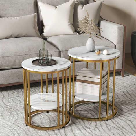 Table basse ronde 2 pièces étagère acier effet marbre salon chambre blanc (1/5)