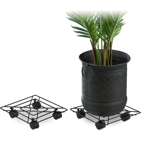 Relaxdays Pack 2 Soportes para Macetas con Ruedas, Cuadrados, Con Frenos, Interior y Exterior, 28x28 cm, Metal, Negro (1/5)