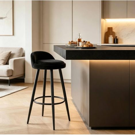 Taburete de bar 36,5x36,5x78,5 cm de metal, madera y terciopelo negro con respaldo – MEUBLIV (1/4)