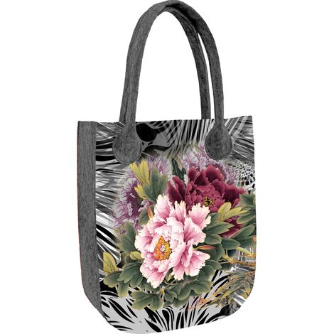 Borsa shopper da donna in feltro grigio City, con stampa Ikebana, realizzata in feltro ecologico, con cerniera, adatta a formati A4 e con una capacità fino a 10 kg. Prodotta in Polonia, design Arco. (1/5)