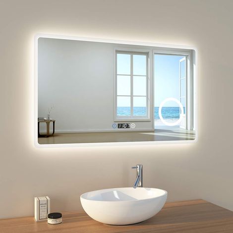 Miroir de Salle de Bain LED, 100 x 60 cm, avec éclairage, 3 Couleurs de lumière 3000-6400 K, Blanc Froid, Neutre, Blanc Chaud, Miroir Lumineux, Miroir de Salle de Bain, Miroir Mural (1/5)